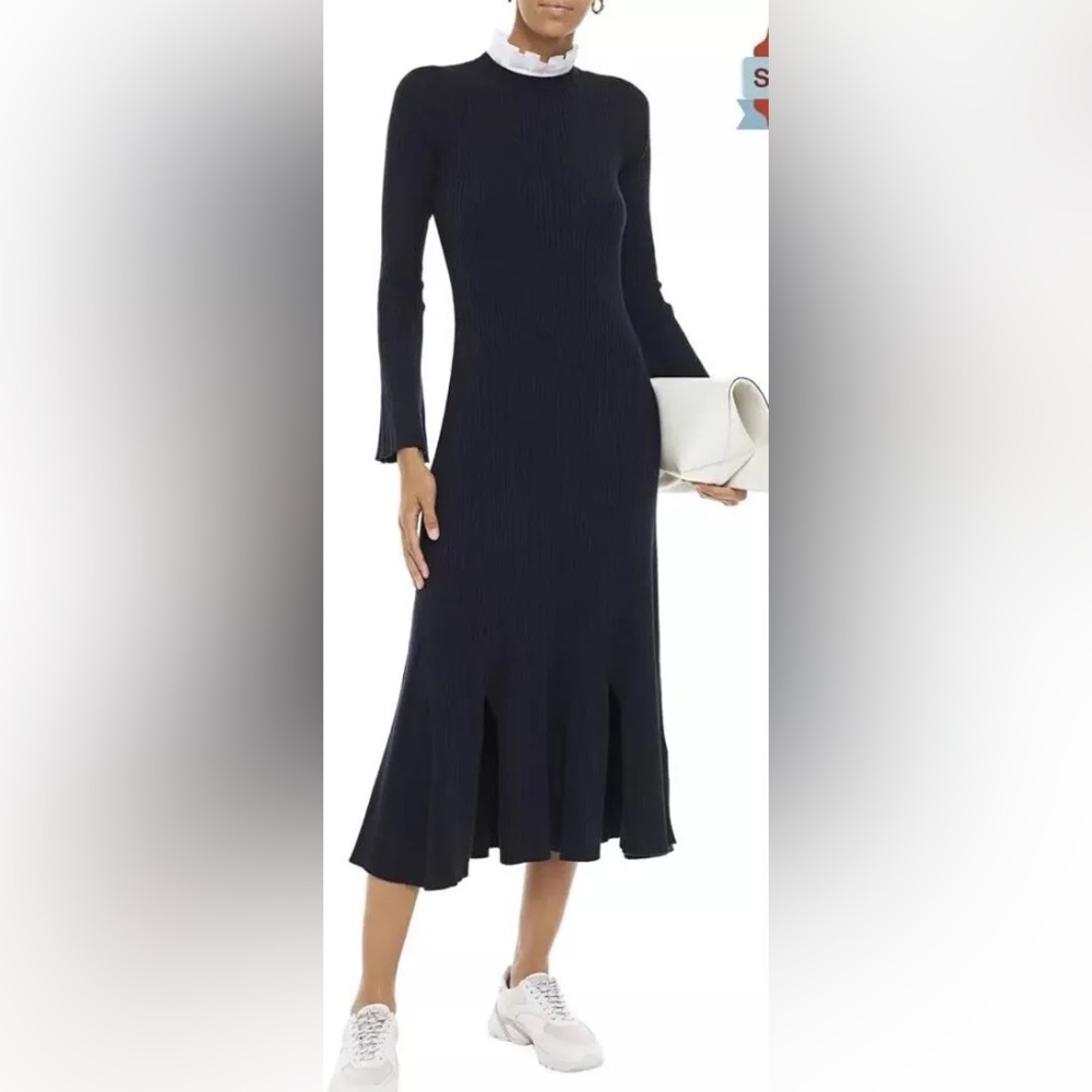 Sandro Midnight Blue Long Sleeve Dress with Victorian Collar